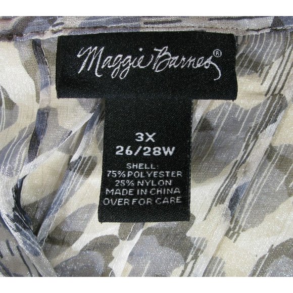 MAGGIE BARNES 3X Sheer Blue Black Ivory Animal Print Faux Pearl Button Blouse - Picture 4 of 4